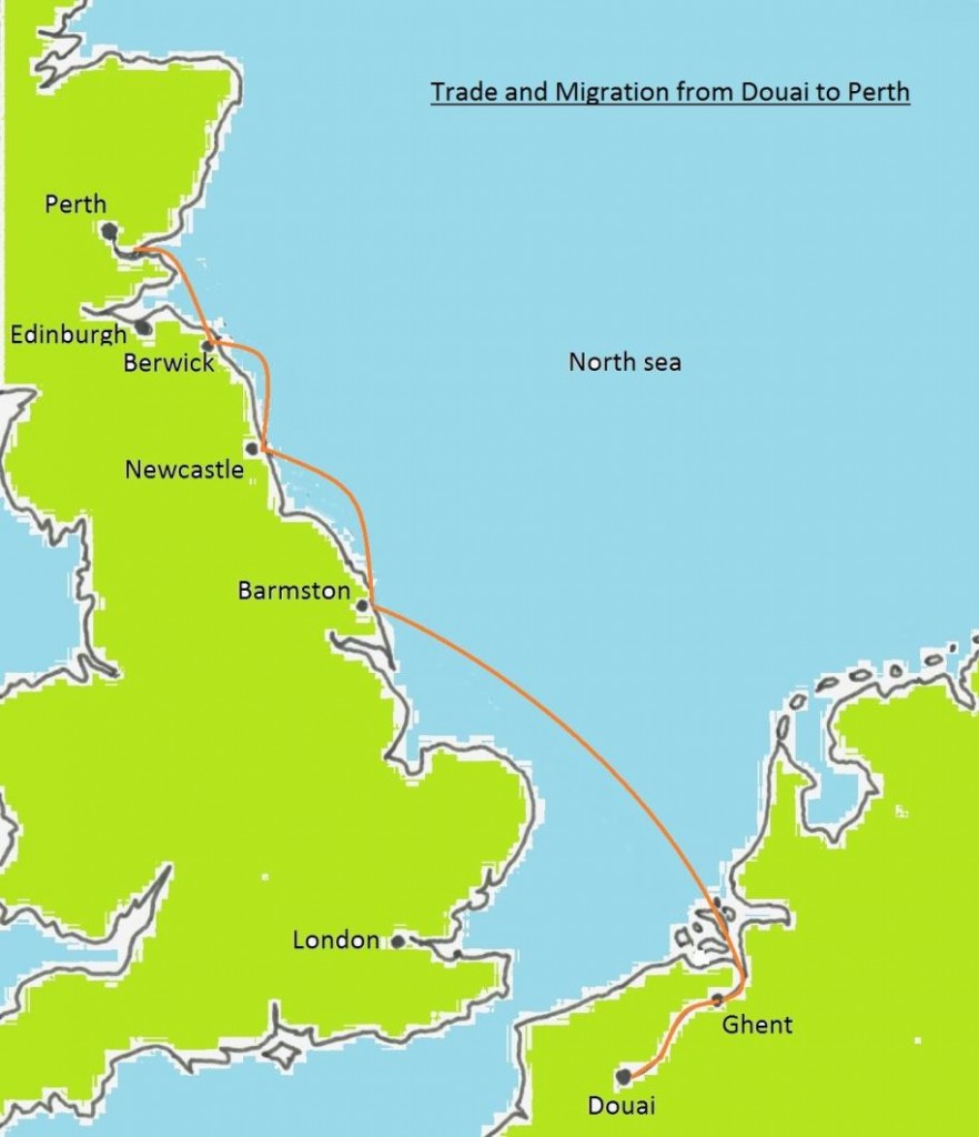 Map showing Douaisien trade and migration to Perth. © G.Dowie.