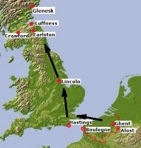 Map showing approximate boundary of 12th century Flanders and the Flemish-Lindsay route to Scotland